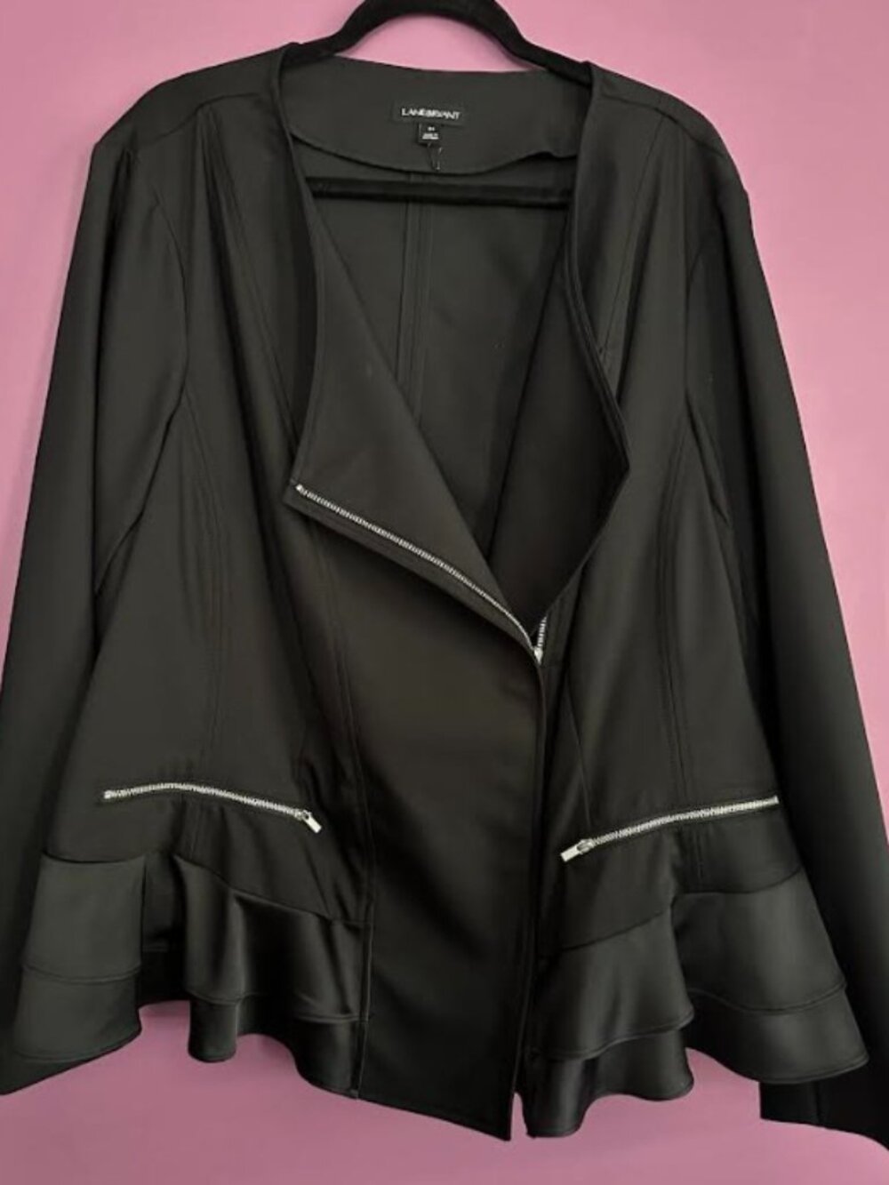 Lane Bryant Size 26 Moto Jacket Black Peplum Ruffle Asymmetrical Zip Stretch